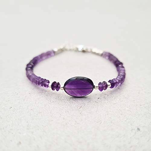Natural Amethyst Bracelet for women Oval Gemstone Beads Sterling Silver February Birthstone Jewelry Gift