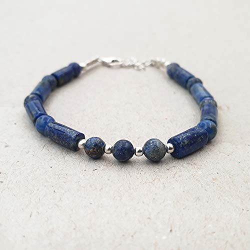 Blue Lapis Lazuli Gemstone Bracelet Tube Beads Stacking Jewelry Sterling Silver September Birthstone Blue Lapis Lazuli Gemstone Bracelet Tube Beads Stacking Jewelry Sterling Silver September Birthstone