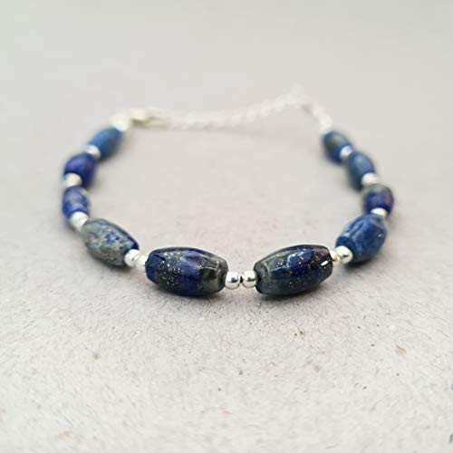 Blue Lapis Lazuli Bracelet Barrel Beads September Birthstone Silver Gemstone Jewelry for women Blue Lapis Lazuli Bracelet Barrel Beads September Birthstone Silver Gemstone Jewelry for women