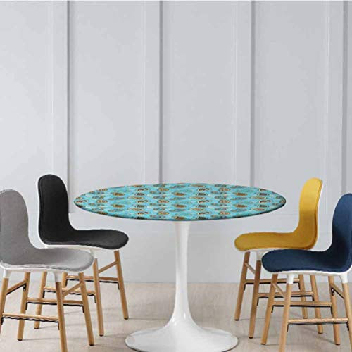 Round Table Cover Abstract Patterned Background with Leaves and Ornamental Design Artwork Print Elastic Fitted Table Cover No Fabric Draping Down for Puppy to Grab Blue and Brown Diameter - 31 Inch