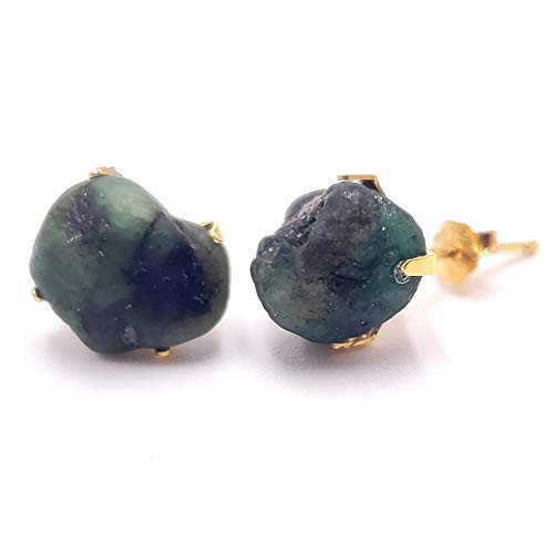Natural raw green emerald stud earrings with gold sterling silver stud claw post 24k gold and emerald earrings uniquelan jewelry Natural raw green emerald stud earrings with gold sterling silver stud claw post 24k gold and emerald earrings uniquelan jewelry