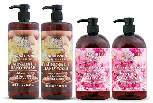 Dead Sea Collection Mineral Hand Wash with Almond Vanilla  and  Mineral Body Wash with Cherry Blossom  4 bottles 33.8 fl.oz each  a total of 135.2 fl.oz.