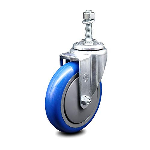Polyurethane Swivel Threaded Stem Caster w 5 inch x 1.25 inch Blue Wheel and 3 8 inch Stem - 300 lbs Capacity Caster - Service Caster Brand