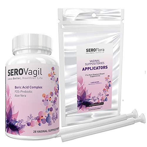 Serovagil Boric Acid Suppositories Complex with FOS-Prebiotic  and  Aloe Vera - 800mg  28ct   plus Applicators  7ct  - Alternative Support for Vaginal Odor  and  pH Balance