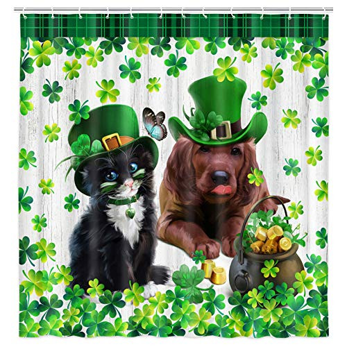 NYMB Funny St. Patrick s Day Clover Shower Curtain Vintage Farmhouse Green Buffalo Plaids Check Shamrocks Leaves Shower Curtain Cute Dog and Cat on Rustic Wooden in Floral Bathroom Curtains 69X70in