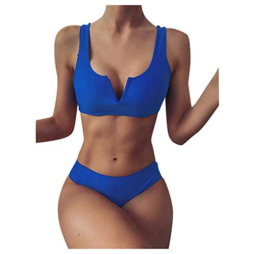 Women Striped Push Up High Cut Hight Waist Halter Bikini Set Two Piece Swimsuit Swimwear Bathing Suit  Blue L