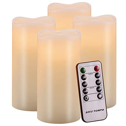 Aku Tonpa Flameless Candles Battery Operated Pillar Real Wax Flickering Electric LED Candle Gift Set with Remote Control Cycling 24 Hours Timer, Warm White Lights, 3"x6" Pack of 4