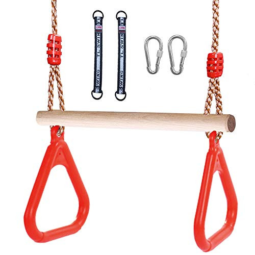 Trapeze Swing bar with Rings Trapeze bar for playset with Locking Carabiners and Swing Hanging Straps for Indoor Jungle Gym Play Set and Outdoor Playground for Swingset Ninja line Backyard Red