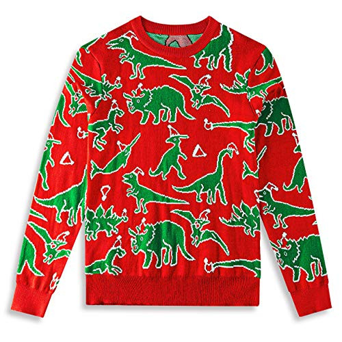 Funnycokid Christmas Sweater Girls Boys Child Xmas Dinosaur Long Sleeve Knit Pullover Sweatshirt Red for Party 5-6 Years