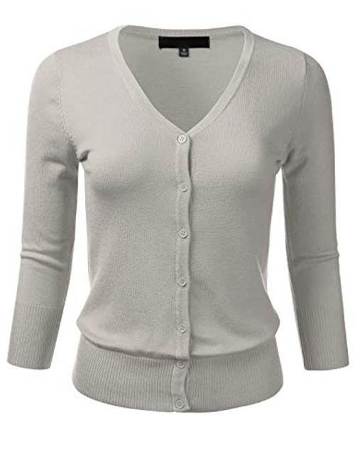 FLORIA Women's Button Down 3/4 Sleeve V-Neck Stretch Knit Cardigan Sweater LIGHTGREY S