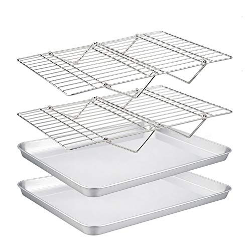 TeamFar Baking Sheet with Rack Set 2 Pans  and  2 Tier Racks  Stainless Steel Cookies Sheet Baking Pans  and  Cooling Roasting Rack for Cookie Bacon Meat Oven  and  Dishwasher Safe Healthy  and  Stackable