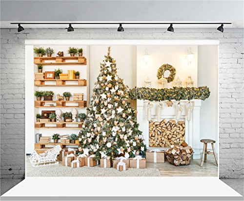 AOFOTO 7x5ft Christmas Tree Backdrop Xmas Gift Mantel Photography Background Adult Girl Kid Artistic Portrait New Year Fireplace Indoor Decoration Photo Shoot Studio Props Video Drop Vinyl Wallpaper