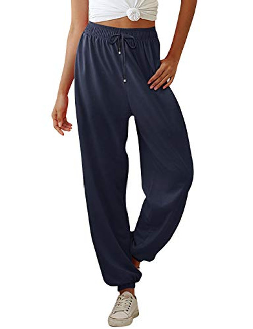 Yidarton Women s High Waisted Sweatpants Joggers Pants Drawstring Yoga Workout Lounge Pants with Pockets  Medium Navy
