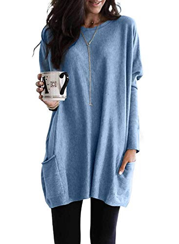 Pevilo Womens Casual Long Sleeve Round Neck Pocket Sweatshirts T Shirts Blouses Tops Sky Blue