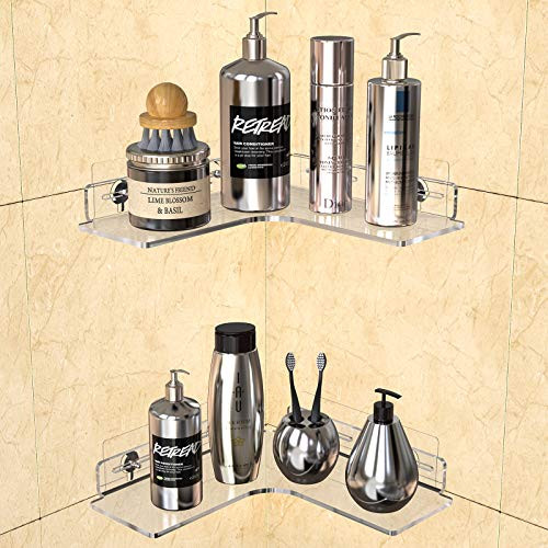 GeekDigg 2 Pack Corner Shower Caddy Shelf Acrylic Wall Mounted Bathroom Shelf with No Drilling Traceless Adhesive Bathroom Storage Organizer Rack for Toilet Dorm and Kitchen  L-Shaped