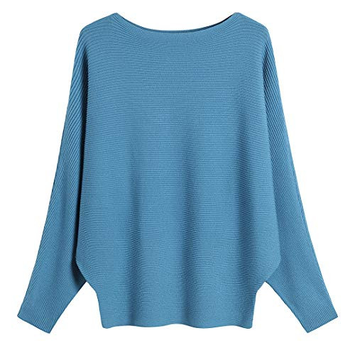 GABERLY Boat Neck Batwing Sleeves Dolman Knitted Sweaters and Pullovers Tops for Women  Blue One Size