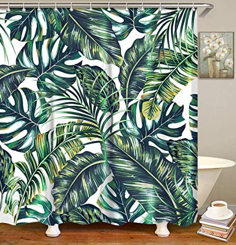 LIVILAN Shower Curtain Tropical Leaf Monstera Fabric Bathroom Curtains Set with Hooks Green Summer Bathroom Decor Machine Washable 72X78 Inches