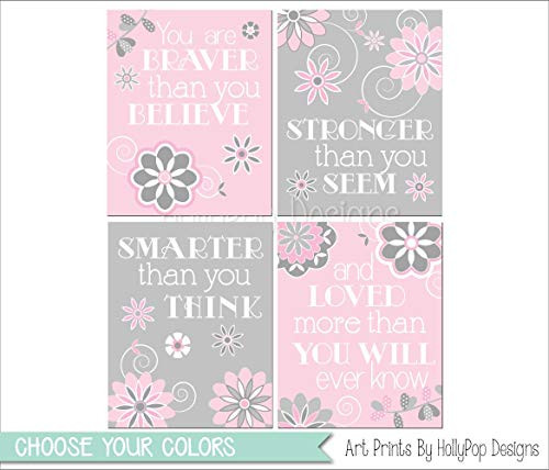 Pink gray nursery art Girl nursery art Baby wall prints Quotes for Girls Floral nursery art Nursery art prints Pink nursery decor - SET OF 4 UNFRAMED ART PRINTS  0805