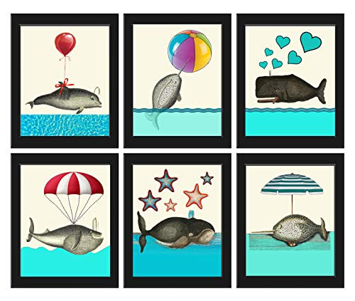 Dolphin Whale Narwhal Print Set of 6 Prints Child Baby Nursery Room Playroom Bathroom Home Wall Art Decor Unframed