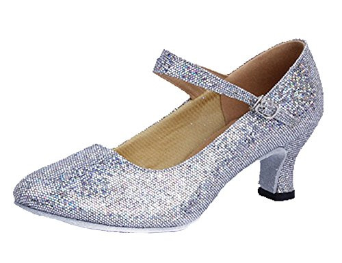 missfiona Women s Glitter Latin Ballroom Dance Shoes Pointed-Toe Y Strap Dancing Heels 7 Silver