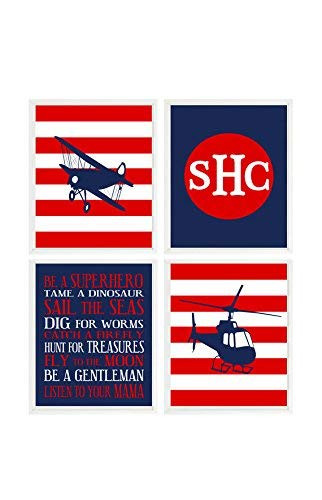 Flying Nursery Airplane Art Helicopter Print Baby Boy Nursery Art Toddler Room Decor Big Boy Room Boy Rules Navy Blue Red Monogram