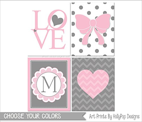 Pink gray nursery Girl nursery wall decor Nursery art prints Monogram print for girls LOVE print Heart nursery decor Baby girl art print set Pink baby art SET OF 4 UNFRAMED ART PRINTS  1242