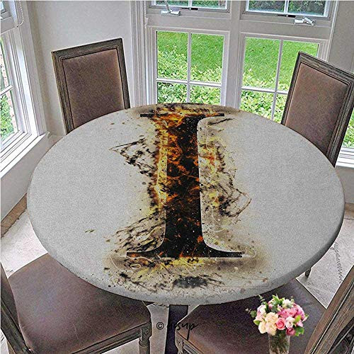 Elastic Tablecloth Charred Alphabet Symbol Flames Capitalized I Letter Burning Pattern Design Round Table Cloth Cover No Fabric Draping Down for Puppy to Grab Tan Black Orange Diameter - 47 Inch