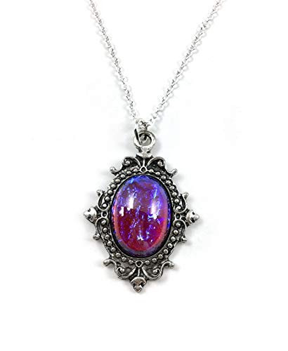 Small Silver Ornate Synthetic Mexican Fire Opal Dragons Breath Czech Glass Amulet Necklace Pendant