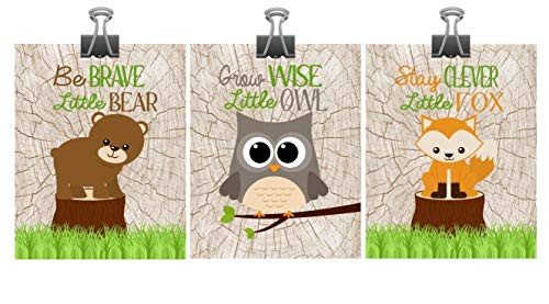 Set of 3 Woodland Nursery Wall Art - Fox Owl Bear - Stay Clever Little Fox Grow Wise Little Owl Be Brave Little Bear