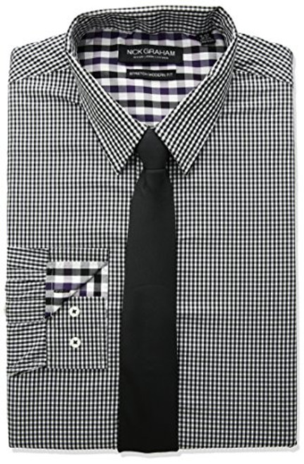 Nick Graham mens Modern Fitted Mini Gingham Stretch With Solid Tie Dress Shirt Black 18 -18.5 Neck 36 -37 Sleeve US