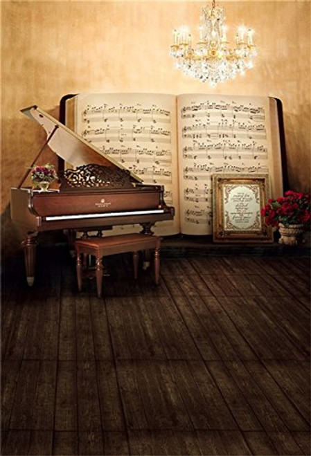 AOFOTO 5x7ft Artistic Background Photography Backdrops Wedding Room Chic Chandelier Piano Music Score Flower Blurry Wooden Floor Baby Child Portrait Scene Indoor Studio Props Video Girl Photo Shoot