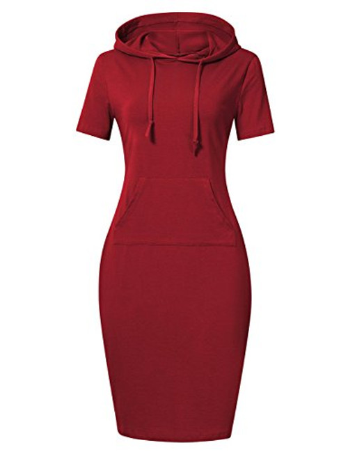 MISSKY Red Dresses for Women Pocket Knee Length Slim Pullover Hoodie Dress  MWine Short Sleeve