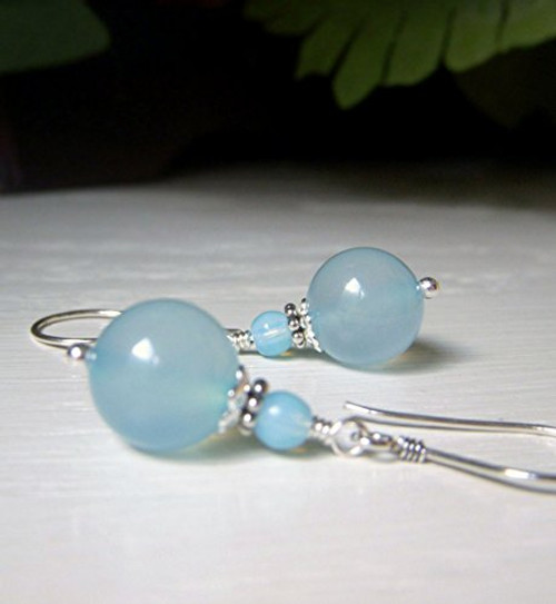 Aqua Chalcedony Earrings - Sterling Silver Drop - Pale Blue Round Genuine Gemstone Aqua Chalcedony Earrings - Sterling Silver Drop - Pale Blue Round Genuine Gemstone