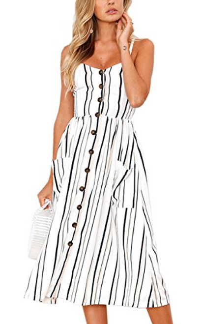 Angashion Women s Dresses-Summer Floral Bohemian Spaghetti Strap Button Down Swing Midi Dress with Pockets White Striped M