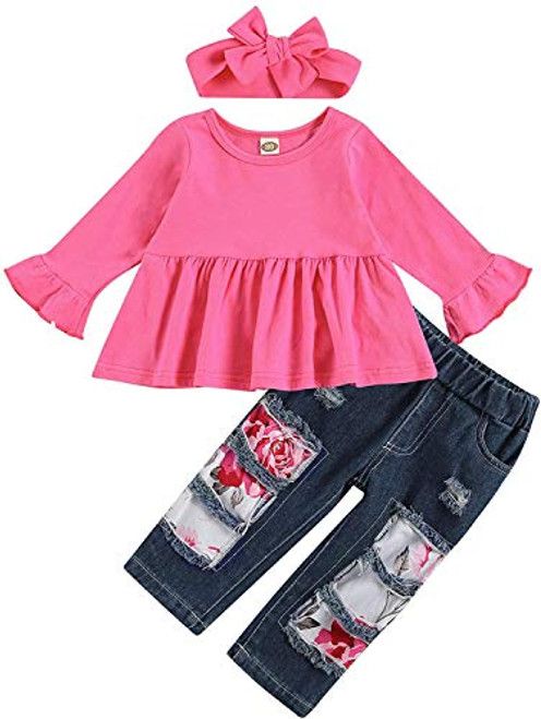 Toddler Baby Girls Ruffle Off Shoulder Sunflower Top plus Ripped Hole Denim Leggings Long Jeans Pant Headband Clothes Set Rose Denim 3-4 T Toddler Baby Girls Ruffle Off Shoulder Sunflower Top plus Ripped Hole Denim Leggings Long Jeans Pant Headband Clothes Set Rose Denim 3-4 T