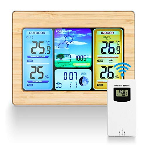 Allnice Weather Stations Wireless Indoor Outdoor with Alert and Temperature Humidity Barometric Forecast Moon Phase Alarm Clock LCD Digital Weather Station with Outdoor Sensor  Yellow