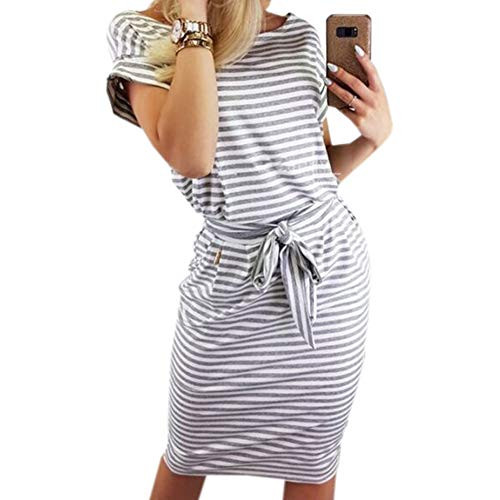 PALINDA Women s Striped Elegant Short Sleeve Wear to Work Casual Pencil Dress with Belt  XS Light Grey