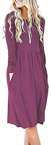 AUSELILY Women s Solid Plain Long Sleeve Pockets Empire Waist Pleated Loose Swing Casual Flare Dress  MMauve