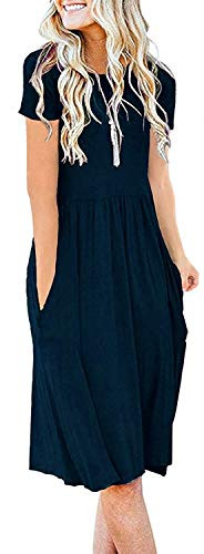 AUSELILY Women s Solid Plain Short Sleeve Pockets Empire Waist Pleated Loose Swing Casual Flare Dress Indigo  MNavy Blue