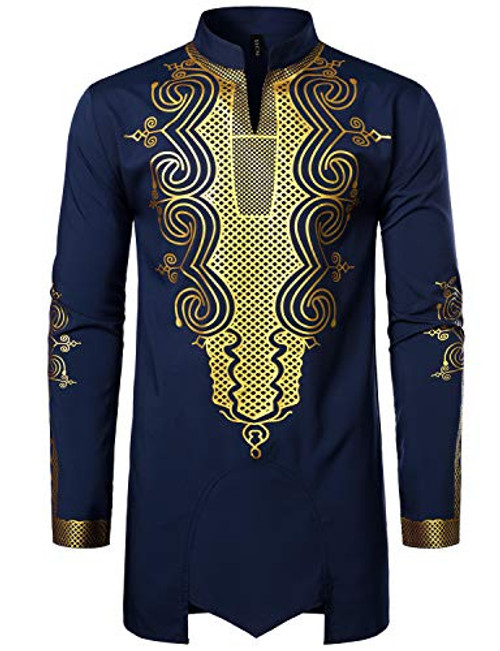 LucMatton Men s Traditional African Dashiki Luxury Metallic Gold Printed Shirt Indigo Blue Large LucMatton Men s Traditional African Dashiki Luxury Metallic Gold Printed Shirt Indigo Blue Large