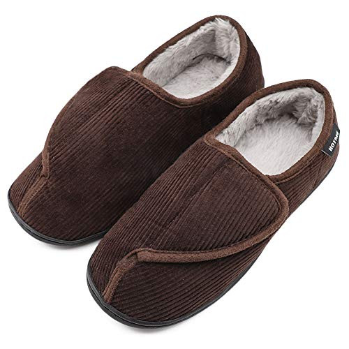 MediFeet Women s Furry Memory Foam Diabetic Slippers Extra Wide Width Adjustable Winter Edema House Shoes for Swollen Feet Brown