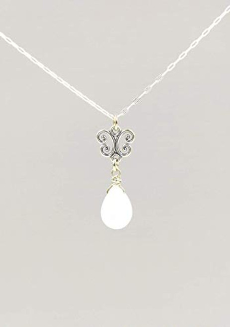 Tiny White Rainbow Moonstone Gemstone Necklace for Women June Birthstone Sterling Silver 18 Inch Chain