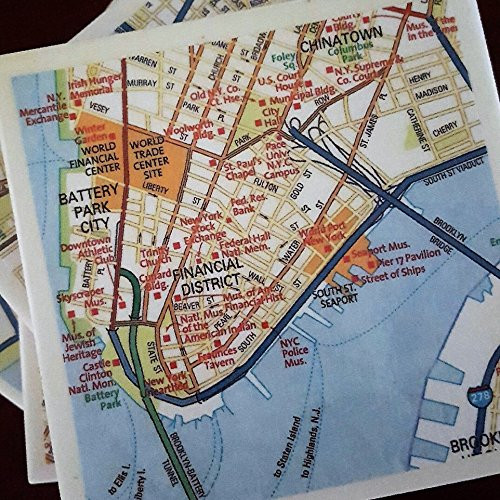New York City Street Map Drink Coasters Lower Manhattan Set of 4 Including Battery Park Brooklyn and Wall Street