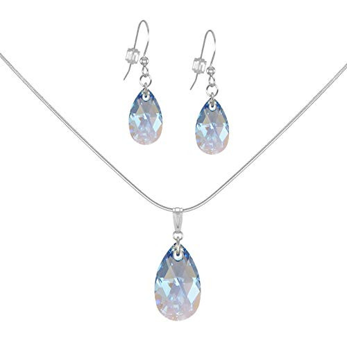 Sapphire Blue Aurora Borealis Crystal Teardrop Sterling Silver Necklace and Earring Set 18 Inch Chain Sapphire Blue Aurora Borealis Crystal Teardrop Sterling Silver Necklace and Earring Set 18 Inch Chain