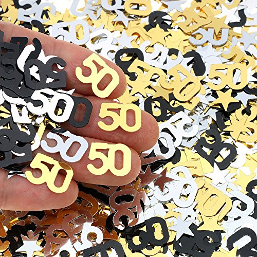 50th Birthday and Wedding Anniversary Party Table Confetti Decorations - 2400 Pieces, Gold Silver Black 50 Number and Little Star Metallic Foil Confetti for 50th Anniversary Theme Party