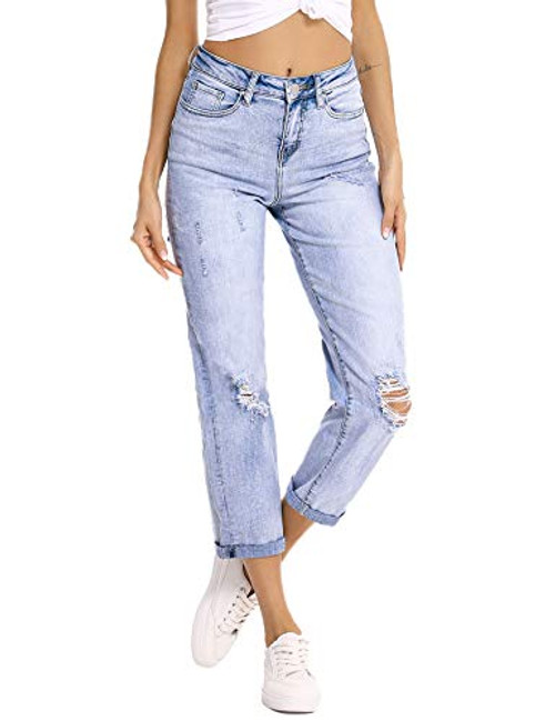 Resfeber Women s Ripped Boyfriend Jeans Stretch Distressed Jeans Straight Crop Jean with Holes