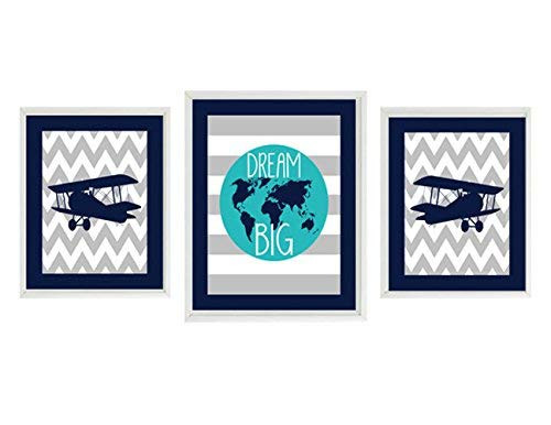 Airplane Nursery Art Baby Boy Nursery Dream Big Quote World Map Chevron Print Navy Blue Turquoise Gray Toddler Boy Art Plane Print