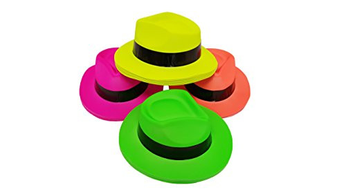 Party Hats, Neon Color Plastic Gangster Fedora Party Hats for Adults, Teens and Kids, by Playscene Group (12, Neon Gangster Hat)