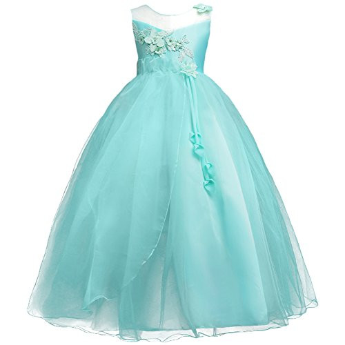 Princess Flower Long Girls Pageant Tutu Dresses Kids Prom Puffy Tulle Dance Party Fall Wedding Bridesmaid Ball Gown Turquoise 6-7 Years