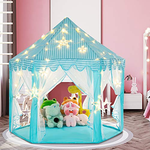 JOYMOR Princess Tent for Girls with Star Light 55 inch x 53 inch Kids Playhouse Play Tent Princess Play Tents Castle for Indoor and Outdoor Blue JOYMOR Princess Tent for Girls with Star Light 55 inch x 53 inch Kids Playhouse Play Tent Princess Play Tents Castle for Indoor and Outdoor Blue